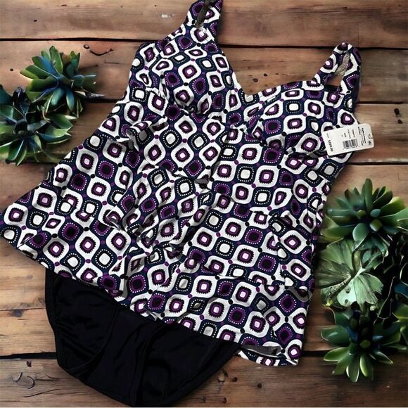 Swim Solutions Other - Swim Solutions Women's Jewels Printed Tiered Tummy Control One-Piece Swimsuit